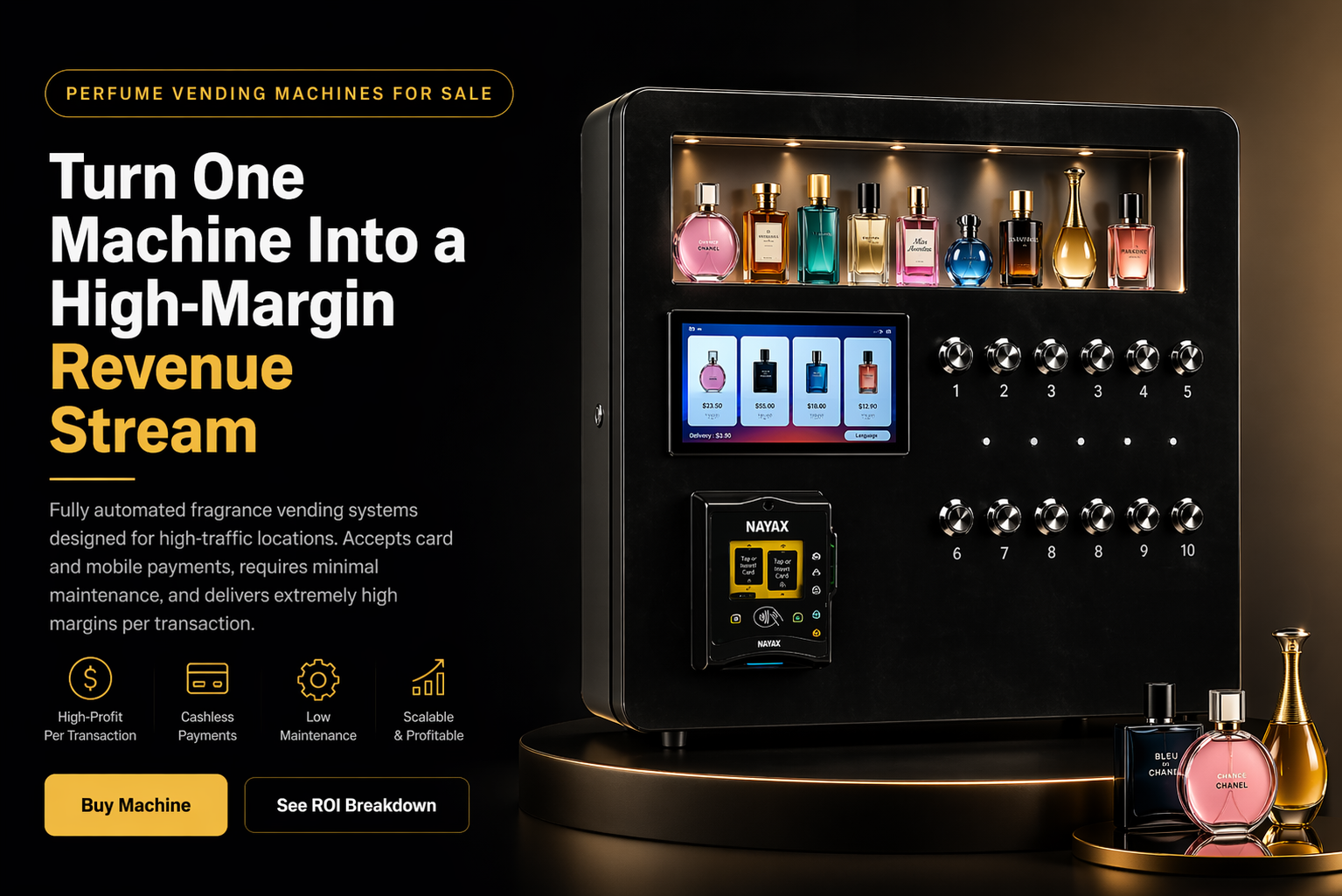 AuraVend perfume vending machine with Nayax reader